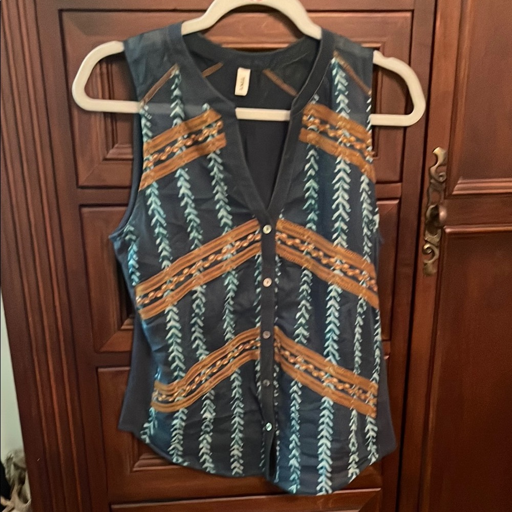 Blue Embellished Sleeveless Tank Top